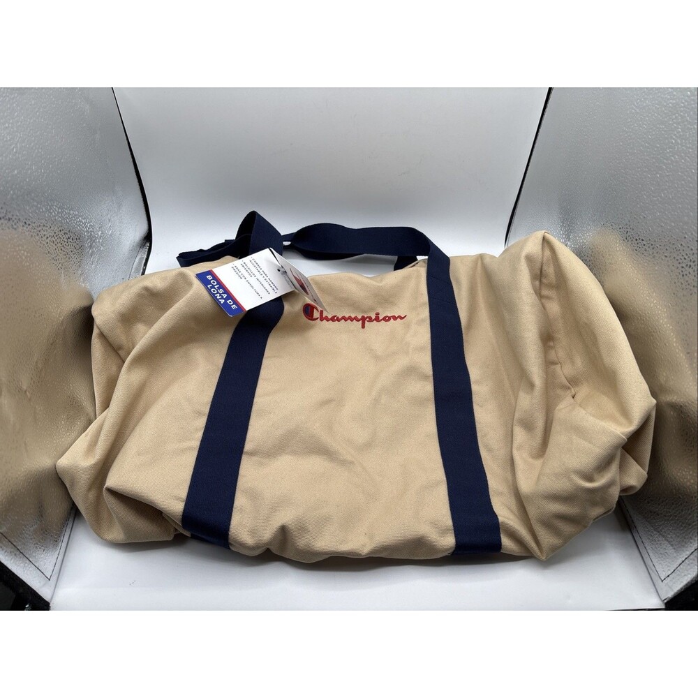 Champion 24" Canvas Duffel Bag Tan Blue Shoulder Strap Sports Gym Travel Men NWT - Picture 2 of 12